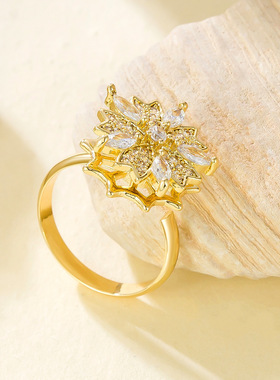 戒指女网红同款跨境时尚花朵微镶锆石旋转开口可调节戒指