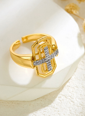 跨境土耳其风微镶锆石盾牌戒指轻奢风小众设计戒圈感时尚指环