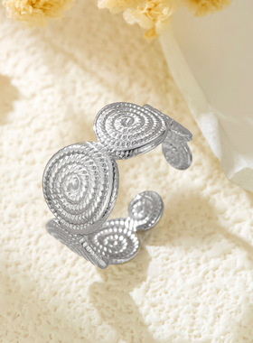 跨境流行圆形螺纹钛钢戒指女个性嘻哈开口调节不锈钢螺旋戒指