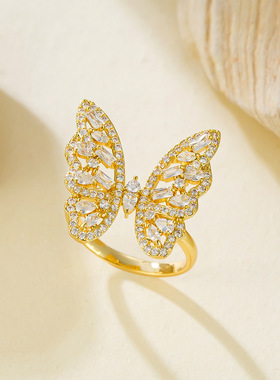 超仙锆石蝴蝶开口食指戒轻奢闪钻时尚设计网红气质百搭铜微镶戒指