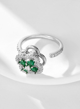 跨境小巧精致铜微镶绿色旋转锆石四叶花指环网红个性百搭超闪戒指