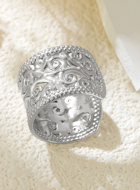 跨境新款轻奢风超宽个性镂空花纹复古戒指感个性设计感开口戒