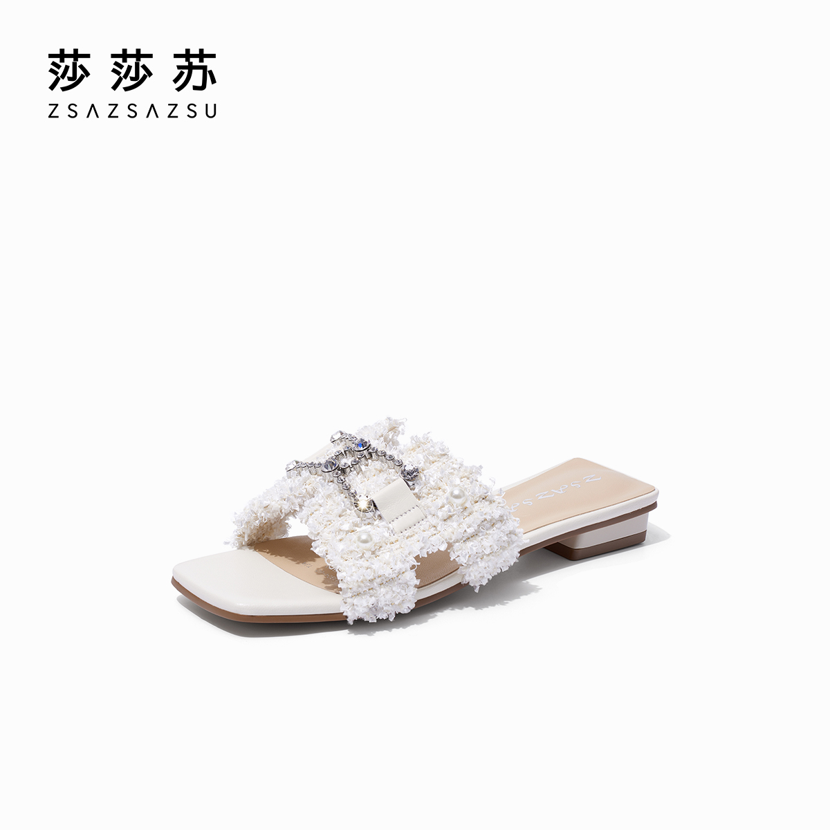 [比弗利千金]莎莎苏夏新款水晶法式仙女小香风气质配裙一字凉拖鞋 - 图0