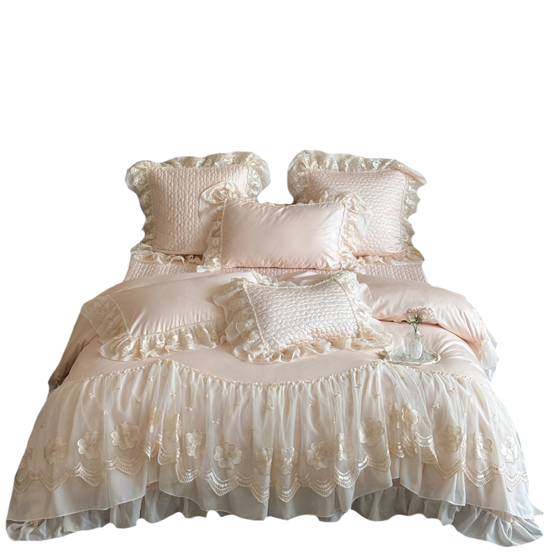 法式粉色高级感全棉床上四件套纯棉公主风蕾丝床单被套床盖床品女 - 图3