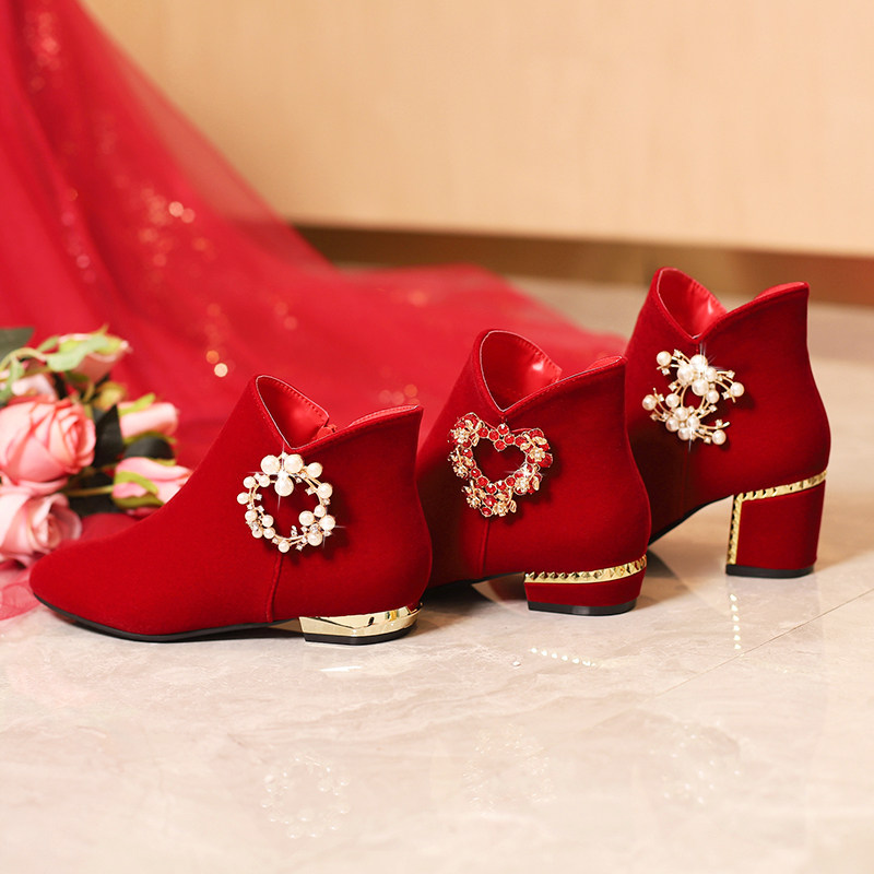 加绒冬季婚鞋女2024新款酒红色结婚秀禾低跟孕妇平底大码新娘红鞋,淘宝优惠券,粉丝福利购,淘宝优惠卷