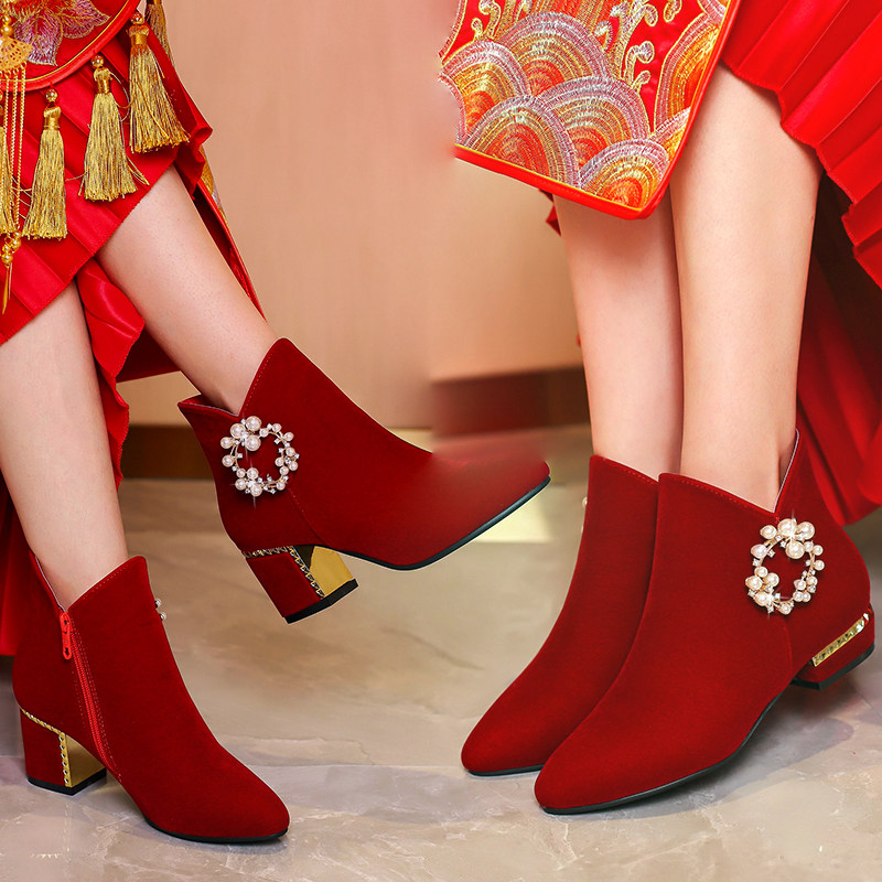 加绒冬季婚鞋女2024新款酒红色结婚秀禾低跟孕妇平底大码新娘红鞋,淘宝优惠券,粉丝福利购,淘宝优惠卷