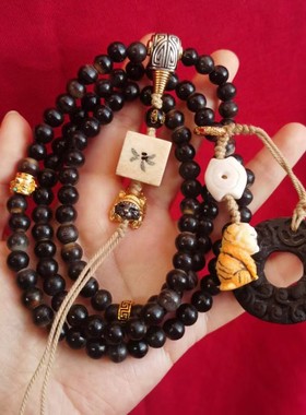 文玩佛珠吊坠黑驴蹄子圆珠老形珠108颗念珠带配件饰品个性男盘玩