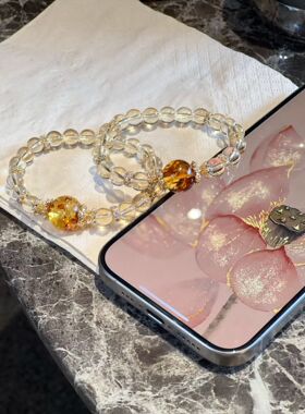 天然蜜蜡花珀搭配招米柠檬黄水晶单圈手链大颗粒顶珠女生手串