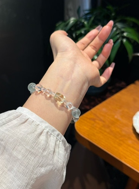 青柠—夏日的碰撞天然水晶柠檬黄萤石白水晶手链女款单圈百搭手串
