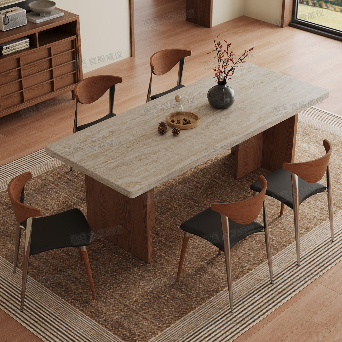 宫殿威仪洞石岩板餐桌实木长方形家用小户型桌中古风一桌四椅组合,淘宝优惠券,粉丝福利购,淘宝优惠卷