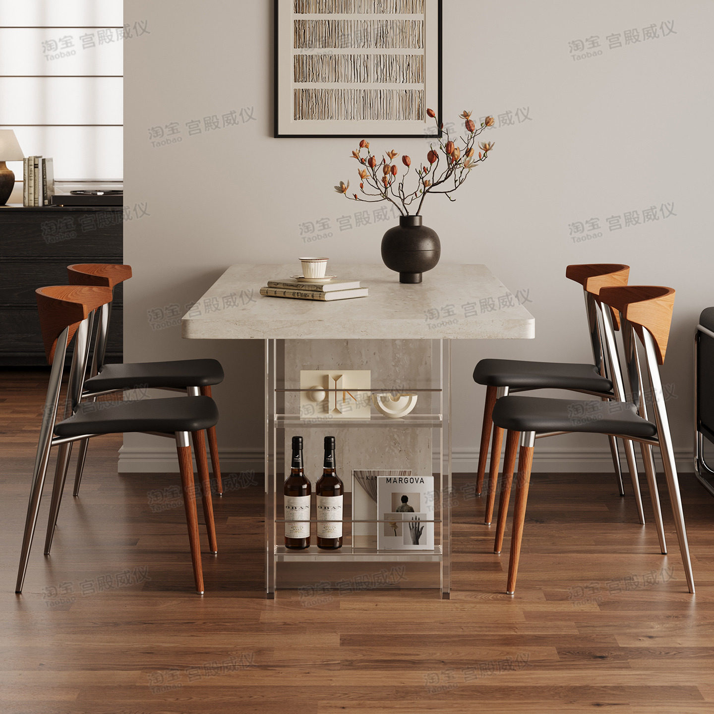 宫殿威仪家用小户型一桌四椅组合悬浮亚克力洞石岩板餐桌长方形桌,淘宝优惠券,粉丝福利购,淘宝优惠卷
