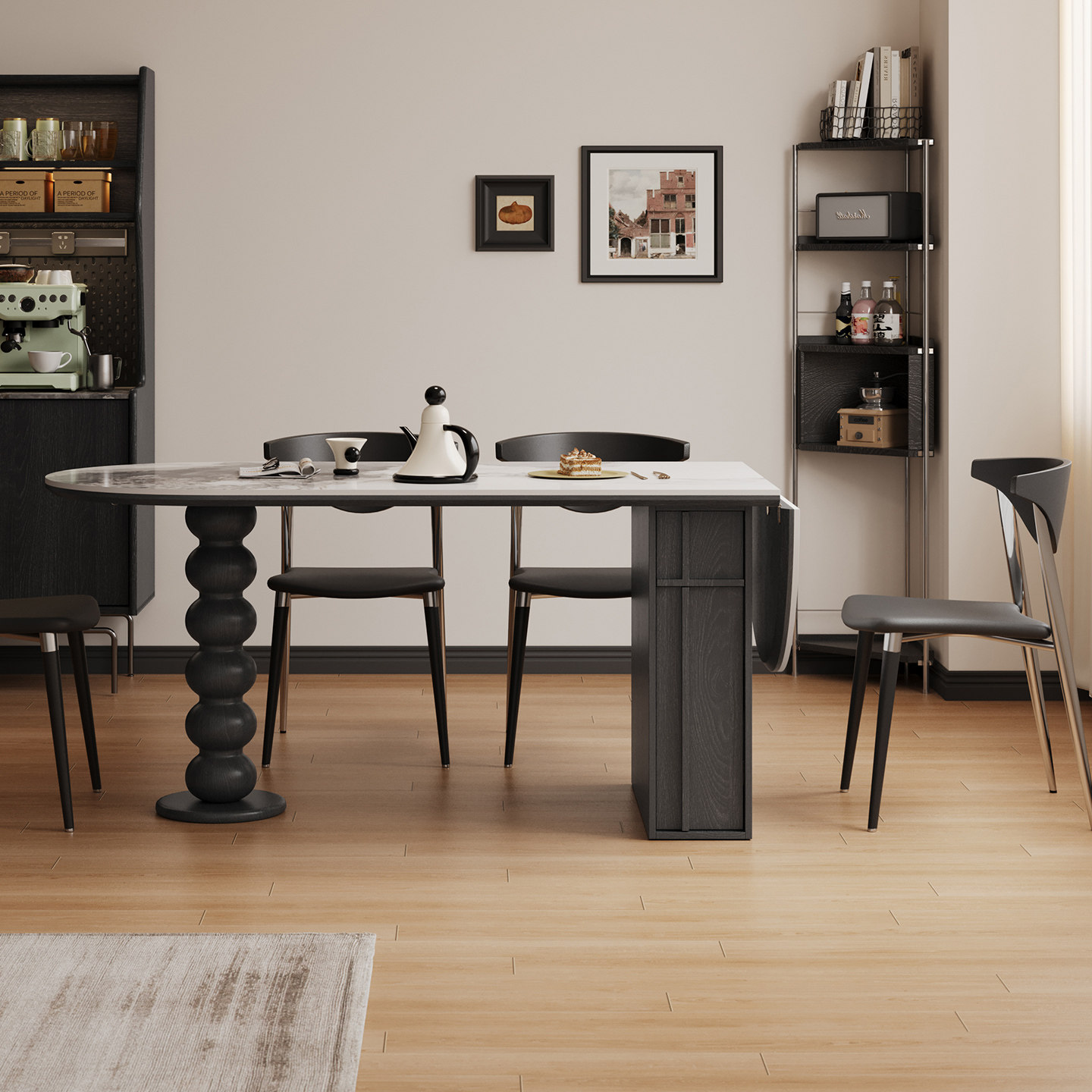 宫殿威仪岩板折叠桌小户型黑色复古实木餐桌家用椭圆形中古风饭桌,淘宝优惠券,粉丝福利购,淘宝优惠卷