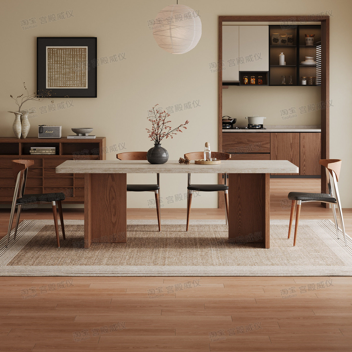 宫殿威仪洞石岩板餐桌实木长方形家用小户型桌中古风一桌四椅组合,淘宝优惠券,粉丝福利购,淘宝优惠卷