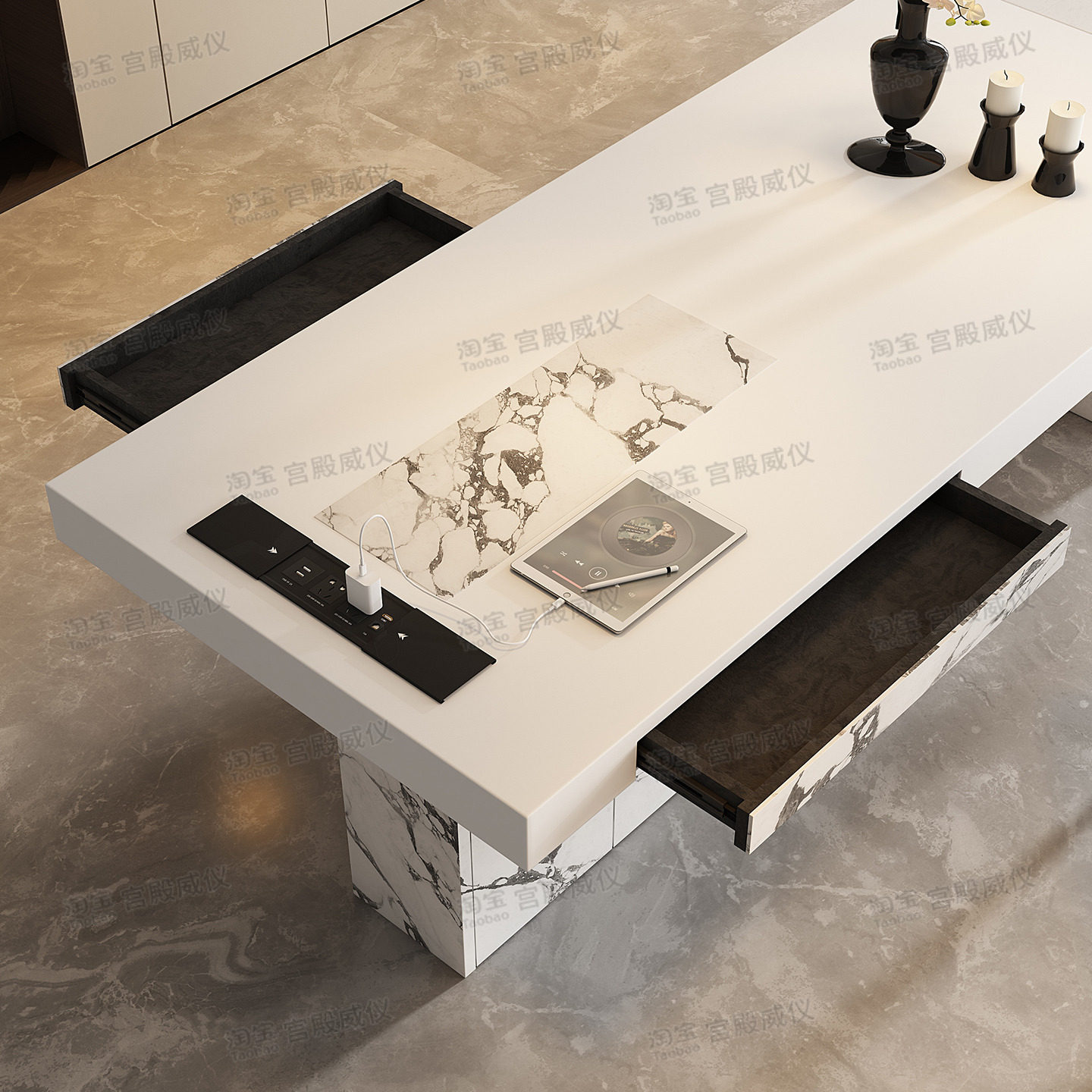 宫殿威仪长方形岩板餐桌家用高级感意式极简高端加厚带抽储物饭桌,淘宝优惠券,粉丝福利购,淘宝优惠卷
