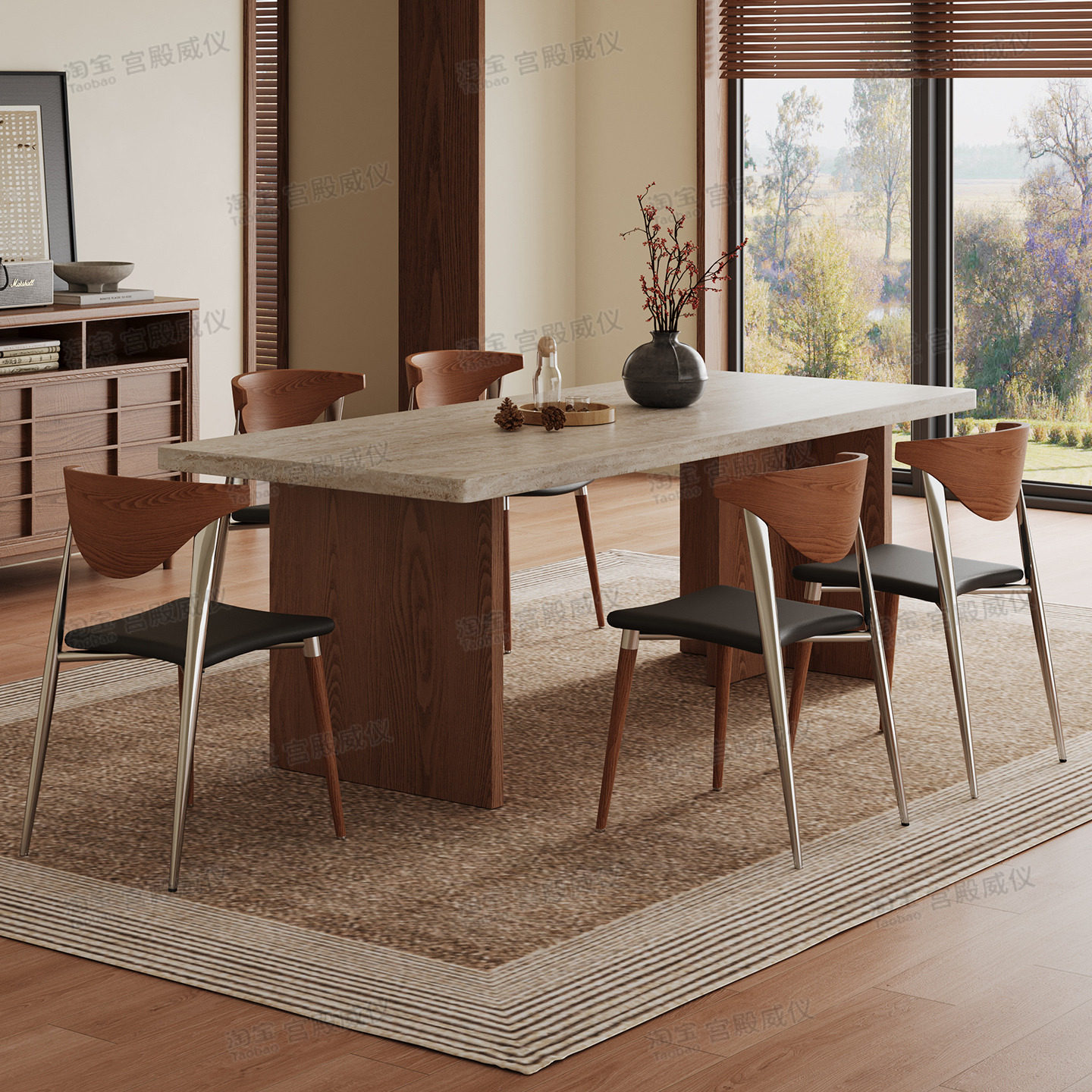 宫殿威仪洞石岩板餐桌实木长方形家用小户型桌中古风一桌四椅组合,淘宝优惠券,粉丝福利购,淘宝优惠卷