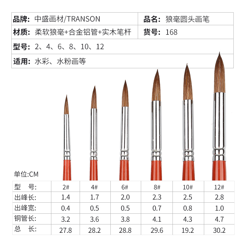 中盛画材 168双号红杆水粉水彩画笔画画笔狼毫圆头水彩笔 水粉笔水粉套装单支装 - 图1