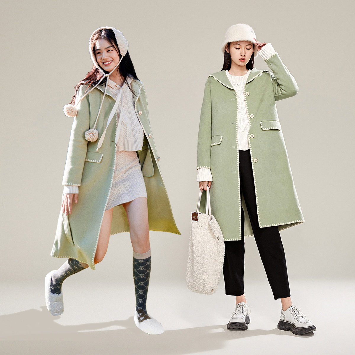 太平鸟绿色海军领双面2020呢大衣 太平鸟喜之乐毛呢外套