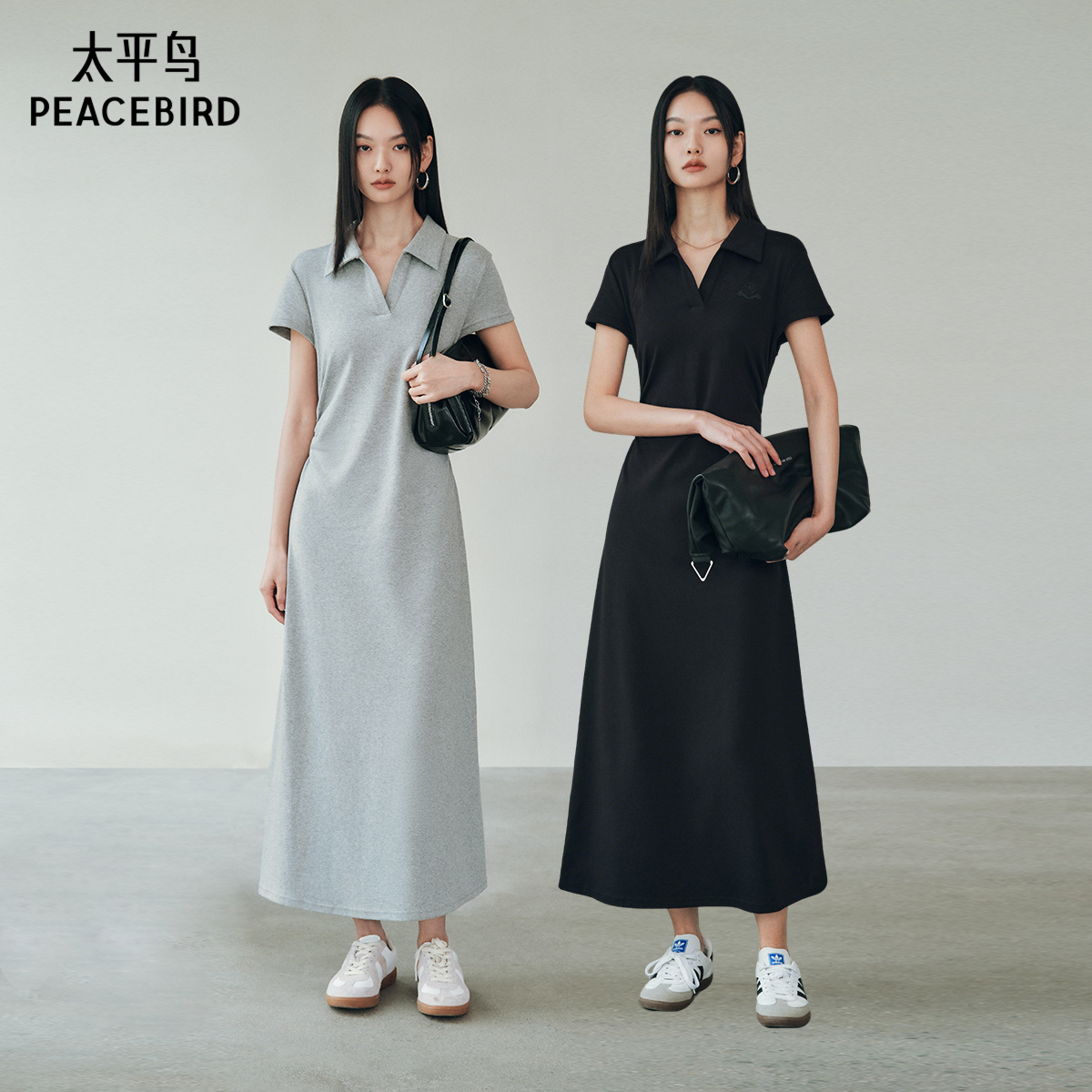 太平鸟POLO领长款A字收腰25春新款短袖T恤裙简约休闲显瘦长裙女 - 图0