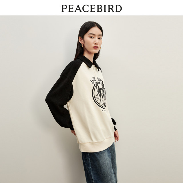 Peacebird Cute Dog Fighting Polo Sweater Women's 2023 Autumn New Raglan Sleeve Contrast Color Animal Sweater