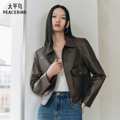 太平鸟黑色正肩仿蛋白PU皮衣外套女高级感翻领夹克女# - 图2