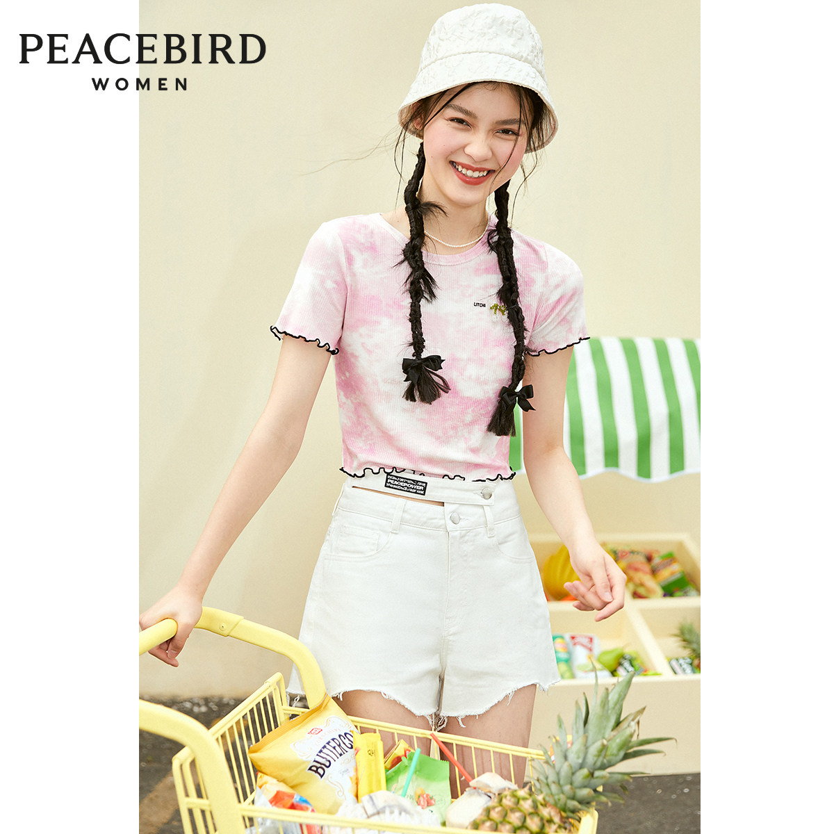 太平鸟短款bm风晕染针织女2022 t恤 太平鸟喜之乐T恤