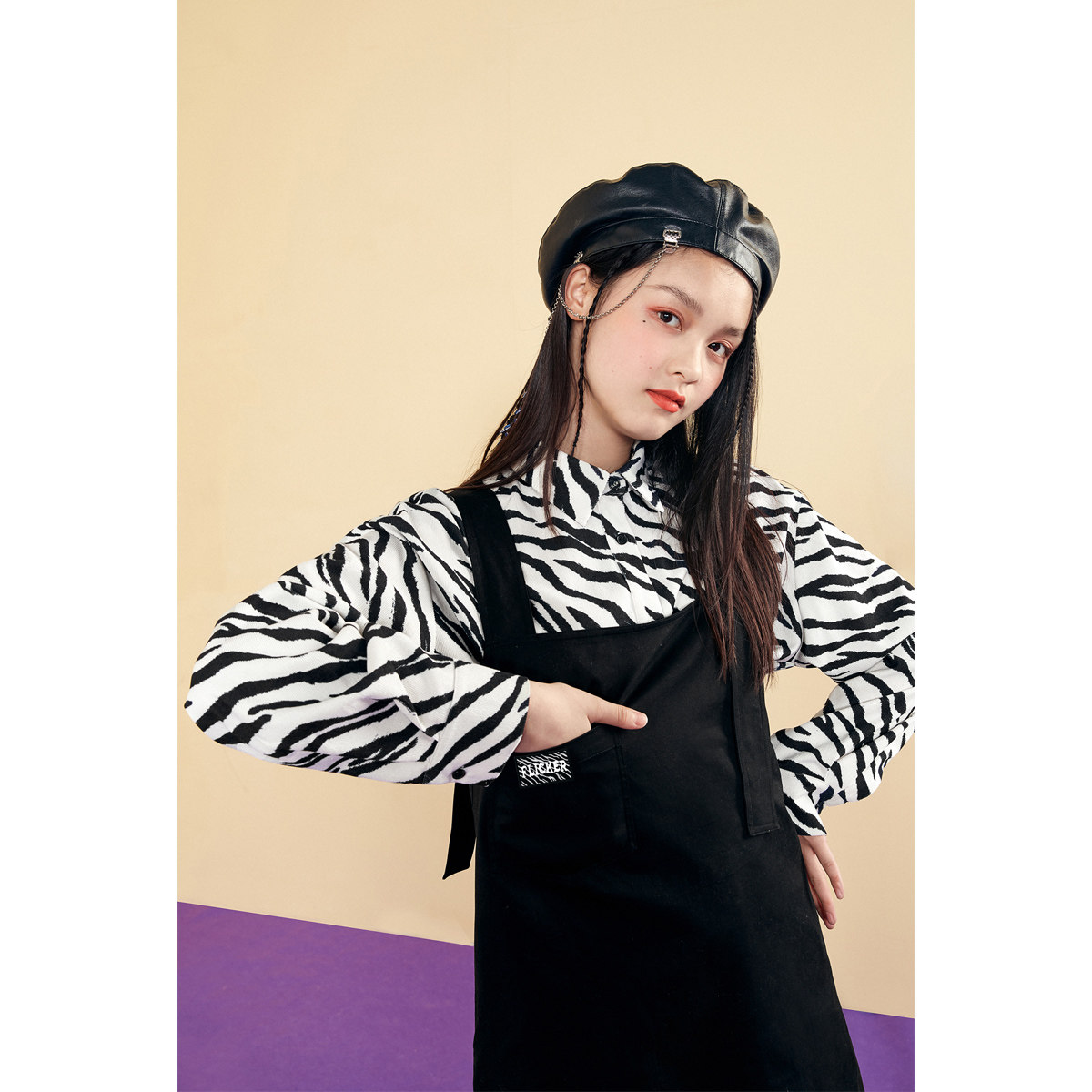 太平鸟斑马纹两件套背带连衣裙衬衫 太平鸟连衣裙