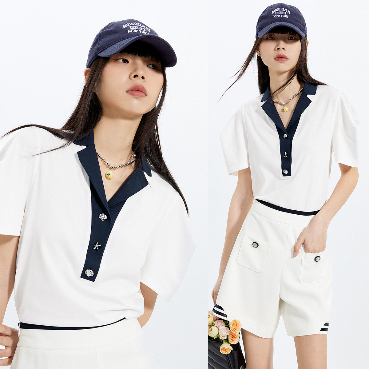 太平鸟v领海军风短款夏季2022新款 太平鸟喜之乐T恤