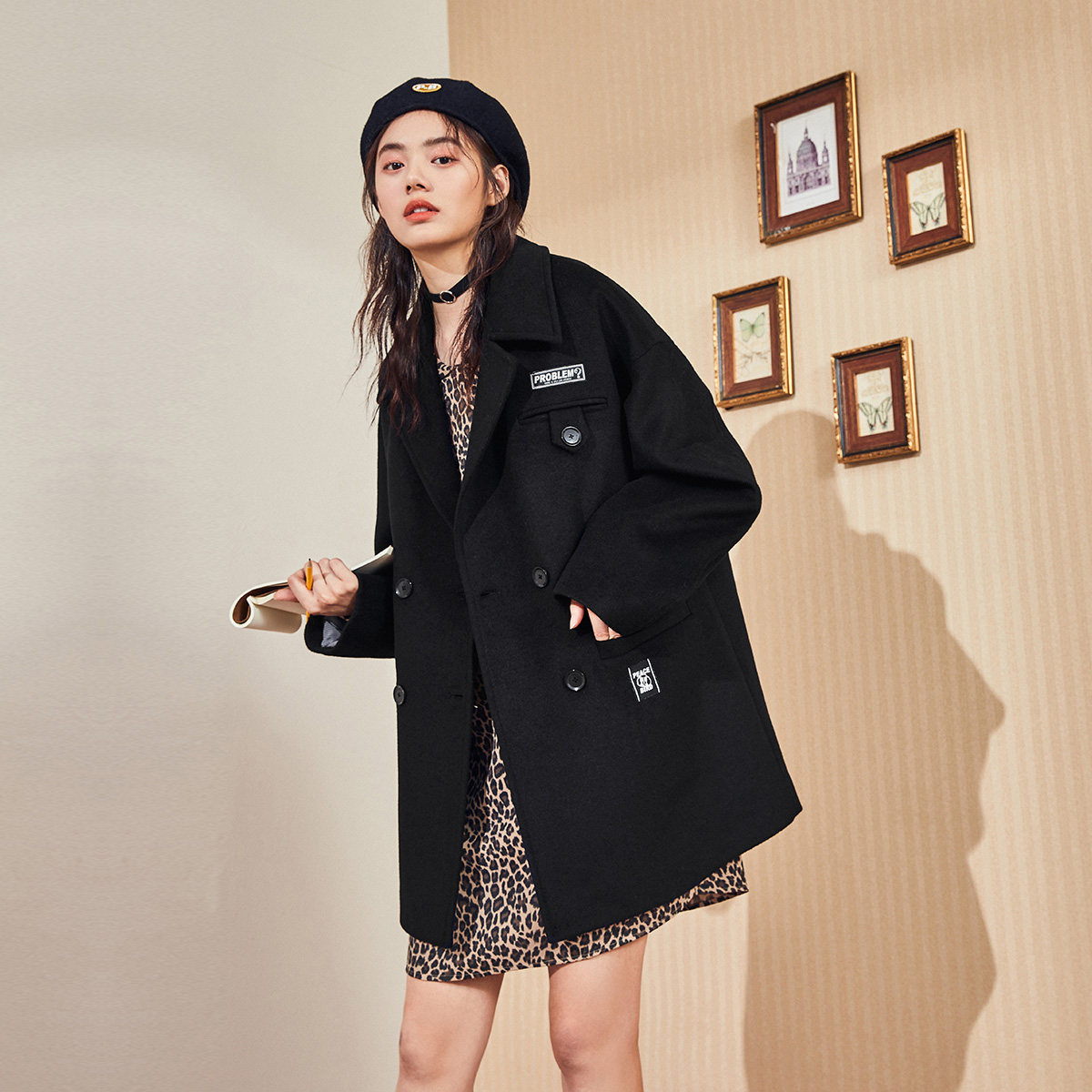 太平鸟黑色学院风毛呢外套2019秋冬 太平鸟毛呢外套