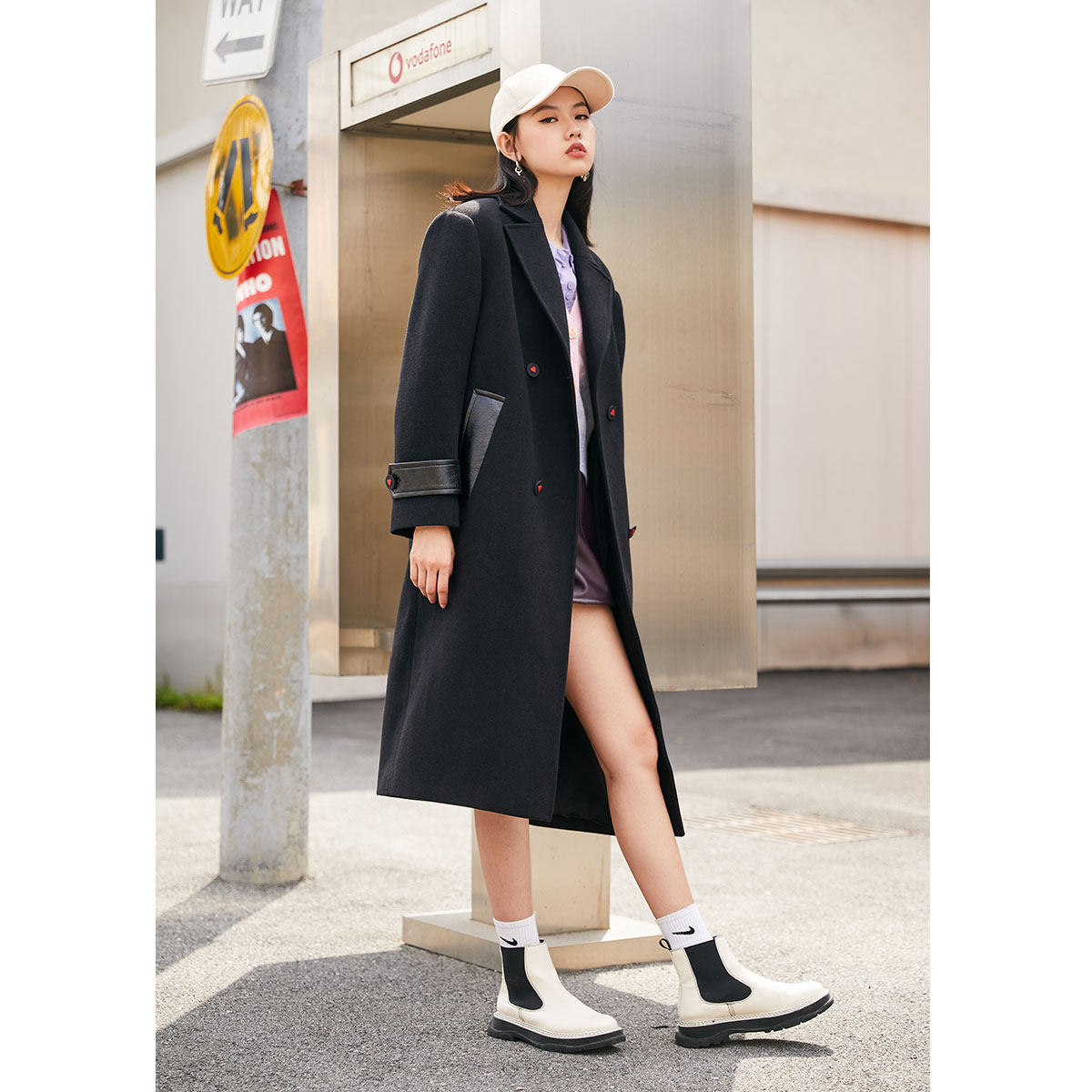 【玛丽猫联名】太平鸟黑色毛呢大衣 太平鸟广仁毛呢外套