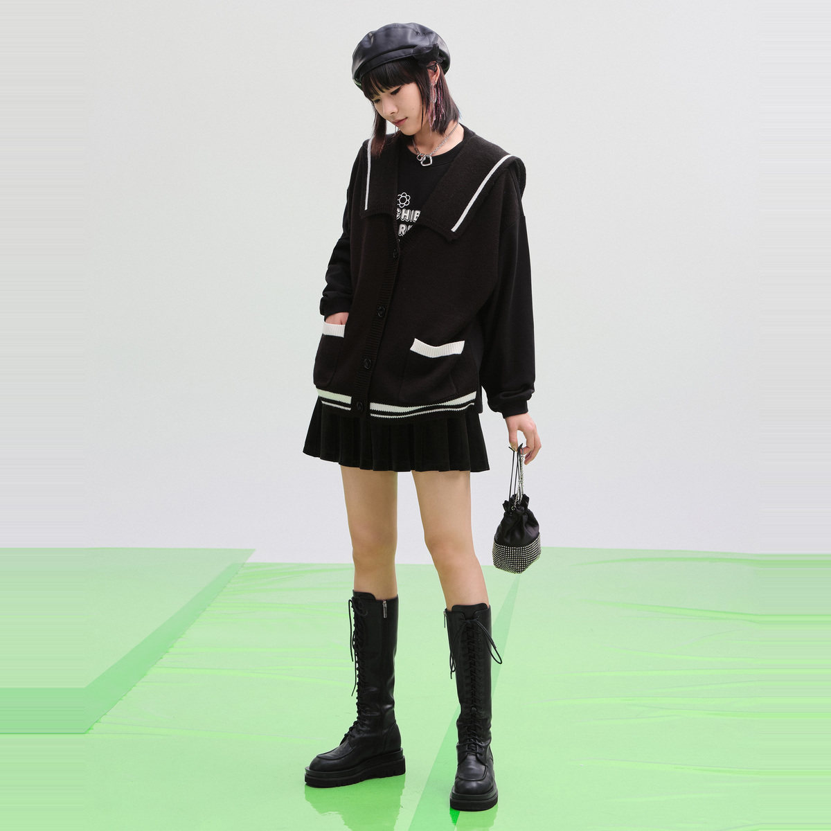 【商场同款】太平鸟黑色海军领针织衫 太平鸟毛针织衫