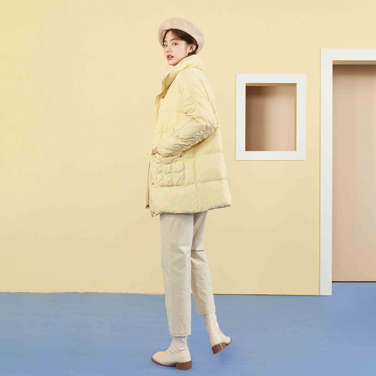 太平鸟2020新款黄色中长款女白鸭绒 太平鸟喜之乐羽绒服