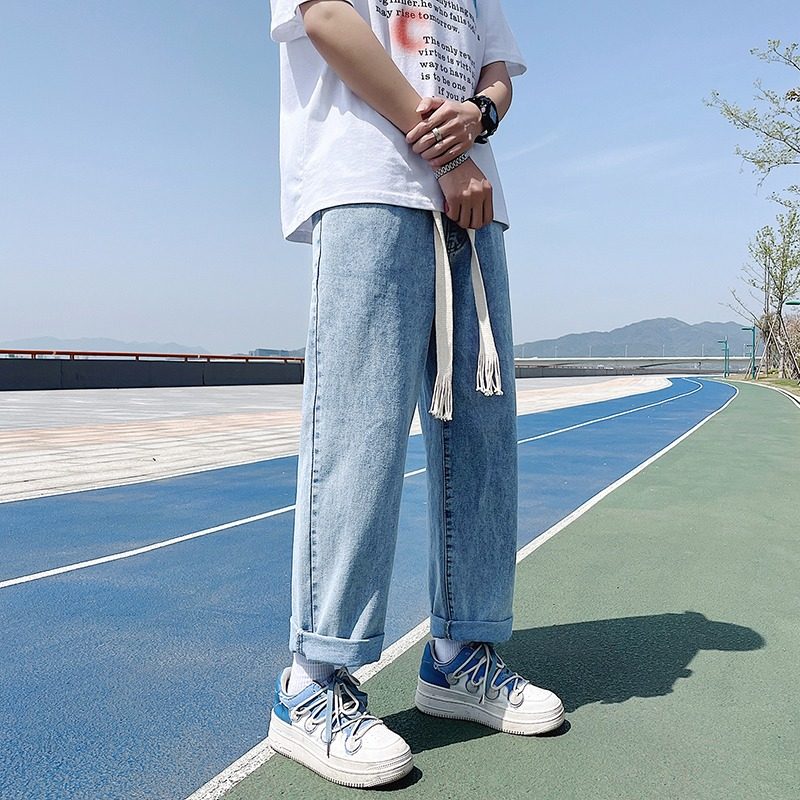 美式复古简约基础牛仔裤秋季宽松潮流百搭运动休闲抽绳直筒裤子男,淘宝优惠券,粉丝福利购,淘宝优惠卷