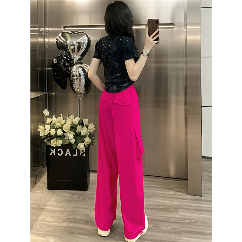 广场舞运动套装女夏季2025时尚粉色露肩T恤阔腿裤休闲服装两件套 - 图3