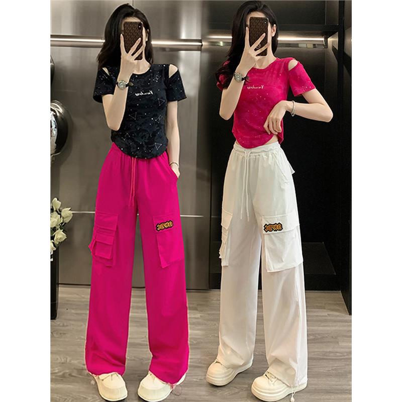 广场舞运动套装女夏季2025时尚粉色露肩T恤阔腿裤休闲服装两件套 - 图0