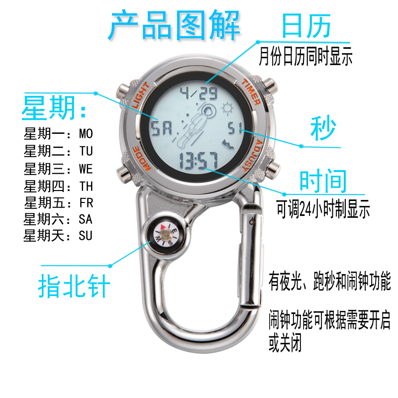 便携太空人电子表登山扣表户外运动挂表工作学习护士用表带指南针-图0