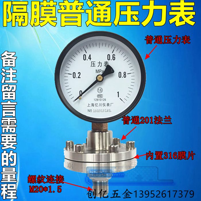 YNTP-100BF 1Mpa 全不锈钢隔膜压力表 耐震隔膜表 不锈钢压力表 - 图1