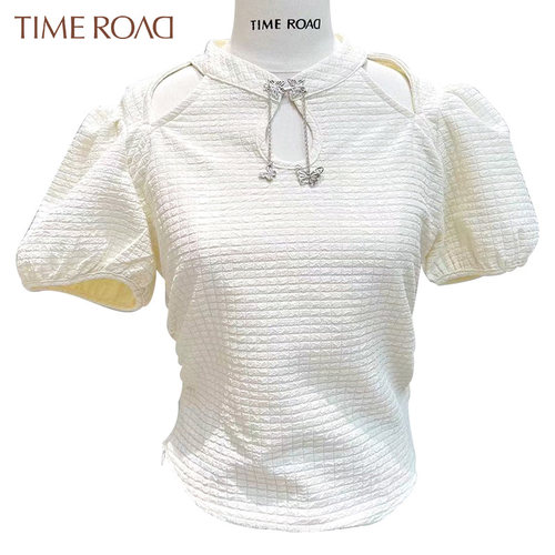 Time RoaD汤米诺蝴蝶扣子甜辣泡泡袖镂空短袖上衣女T26231051373 - 图3