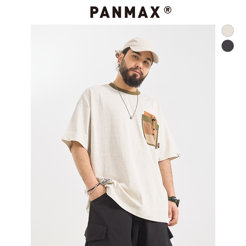 PANMAX大码男装T恤宽松设计感口袋酷潮短袖加大半袖美式中性上衣