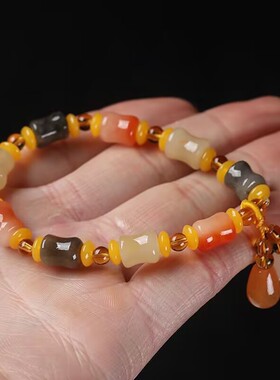 彩色天然金丝玉石葫芦竹节手链女学生闺蜜手饰新中式国风弹力手串