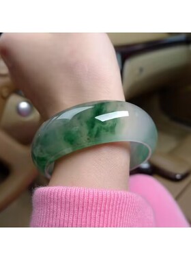 高端冰种翠绿飘花翡翠色手镯女飘阳绿浅绿玉石手镯正圈送妈妈新品