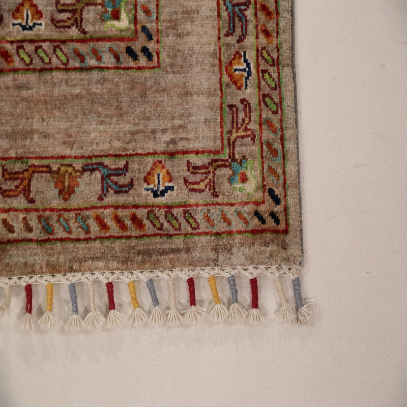 Afghan handmade wool light beige fringed bedside blanket