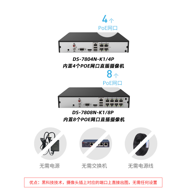 海康威视POE4路8路单盘位录像机DS-7804N-K1/4PDS7808N-K1/8P - 图1