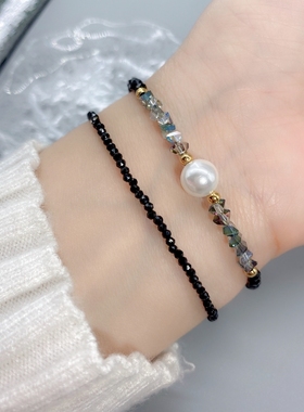 不掉色S925纯银碎银几两黑色尖晶石珍珠手链女小众设计轻奢礼物潮