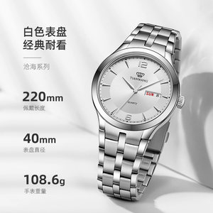 天王表简约商务钢带双日历石英手表男款防水表3626