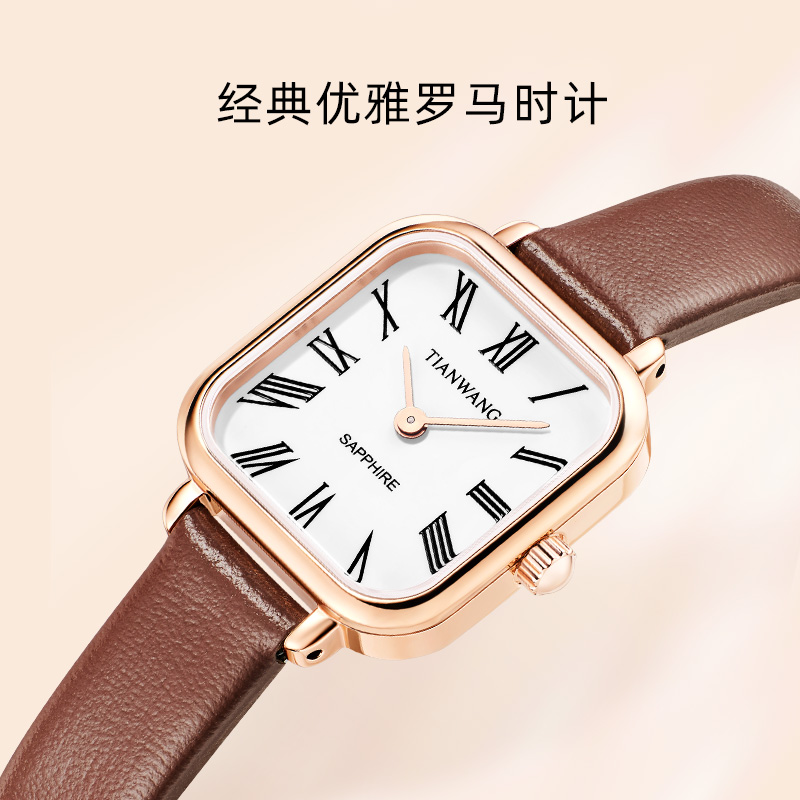 天王2023秋冬新品复古摩登小方表美拉德小棕表女士石英手表31384