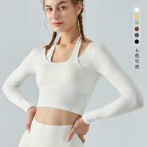 Ningbo Anjiu with chest cushion yoga long sleeve female pro-skin elastic body display slim hanging neck fake two pieces of yoga clothes