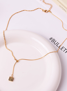 钛钢项链 轻奢小众设计感小方块福字项链女抽拉式福牌锁骨链配饰