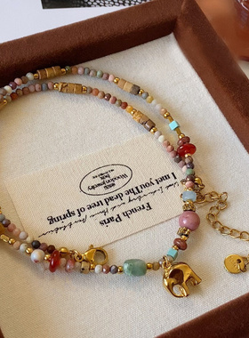 钛钢项链 不掉色小象彩色串珠项链女新中式百搭锁骨链夏轻奢配饰