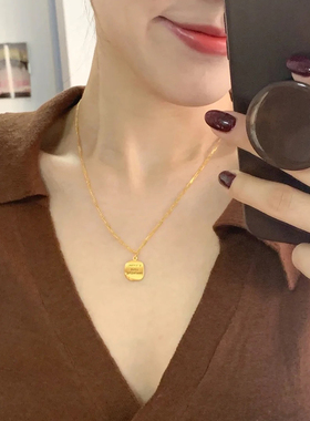 钛钢镀18K金卷边小方牌项链女