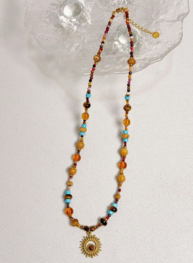 钛钢项链 小太阳项链女小众设计美拉德撞色锁骨链不褪色夏季配饰